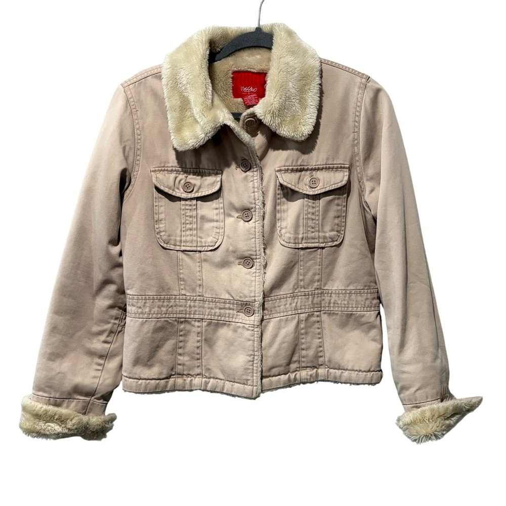 Mossimo Faux Fur Lined Jacket Women Small Tan Pink Utility Twill Coat Y2K Boho